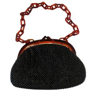 Vintage WHITING & DAVIS Mesh Handbag Tortoise Lucite Chain Kiss Lock Mid Century